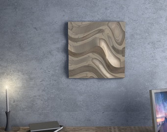 Può includere: Un'opera d'arte murale quadrata con un motivo a venature del legno in tonalità di marrone e beige. La venatura del legno è astratta e ricorda le onde.
