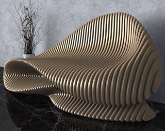 May include: A modern, wooden, sculptural bench with a wavy, organic design. The bench is made of thin, vertical slats of wood that create a flowing, undulating shape.