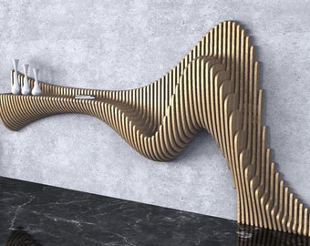 May include: A modern, wooden wall shelf with a unique, flowing design. The shelf is made of thin, vertical slats of wood that create a wave-like pattern. It is mounted on a gray wall and has a few decorative items on it.