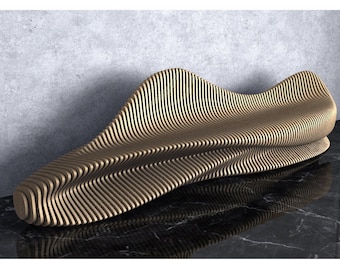 May include: A long, curved wooden bench with a wavy, organic design. The bench is made of many thin, layered pieces of wood, creating a unique and modern look.