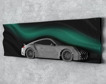 May include: A black and white striped wall art piece featuring a car silhouette with a green and black wave pattern in the background.