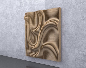 Puede incluir: Un panel de pared de madera marrón con un diseño ondulado y texturizado. El panel está montado en una pared de concreto gris.