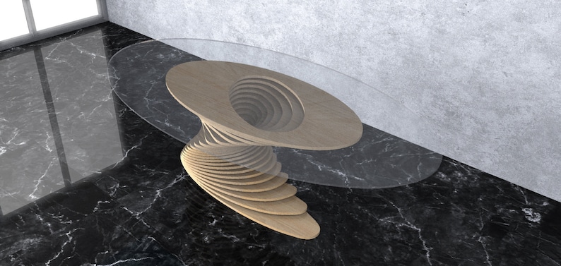 May include: A modern, wooden table with a swirling, spiral base and a clear glass top. The table is made of light wood and has a unique, organic design.
