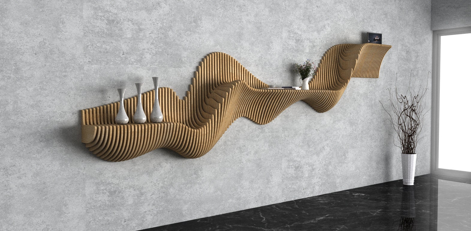 Parametric Wavy Wooden Wall Decor 52 / Shelf Design / Digital files for wood cutting machines