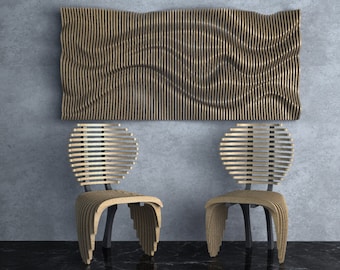 May include: Two wooden chairs with a slatted back and seat, and a wavy wooden wall art piece above them against a gray wall.