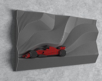 May include: A red race car is displayed on a gray, wavy, 3D wall sculpture. The sculpture is made of many thin, vertical strips of material.