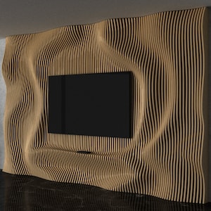 Pode incluir: Uma sala de estar moderna com uma televisão de tela plana montada em um painel de parede de madeira ondulado. A parede é de cor marrom claro e a televisão é preta. O chão é preto e brilhante.