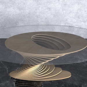 May include: A modern coffee table with a unique spiral design made of wood and a clear glass top.