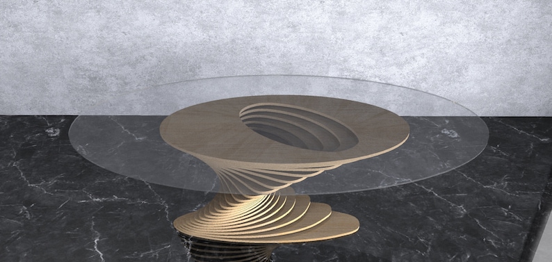 May include: A modern coffee table with a unique spiral design made of wood and a clear glass top.