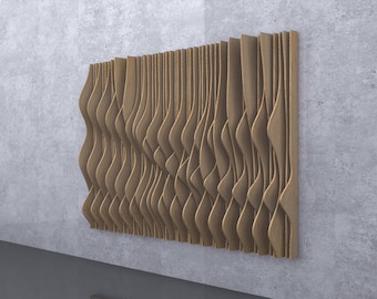 Puede incluir: Un panel decorativo de pared hecho de madera con un patrón ondulado orgánico. El panel está hecho de múltiples tiras delgadas de madera que están dispuestas en un patrón repetitivo. La madera es de color marrón claro.