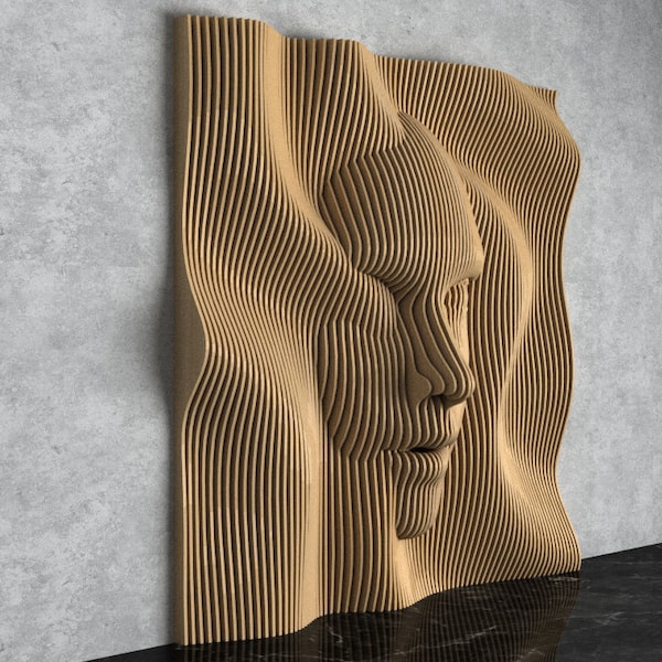 Parametric Wavy Wooden Wall Decor 50 / Face in Waves / Digital files for wood cutting machines