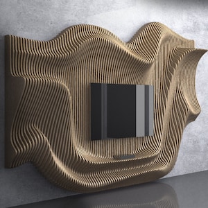 May include: A modern, abstract wall-mounted TV stand made of wood with a wavy, organic design. The stand features a built-in shelf for media components and a cutout for a flat-screen TV.