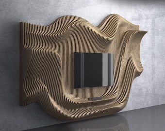 May include: A modern, abstract wall-mounted TV stand made of wood with a wavy, organic design. The stand features a built-in shelf for media components and a cutout for a flat-screen TV.