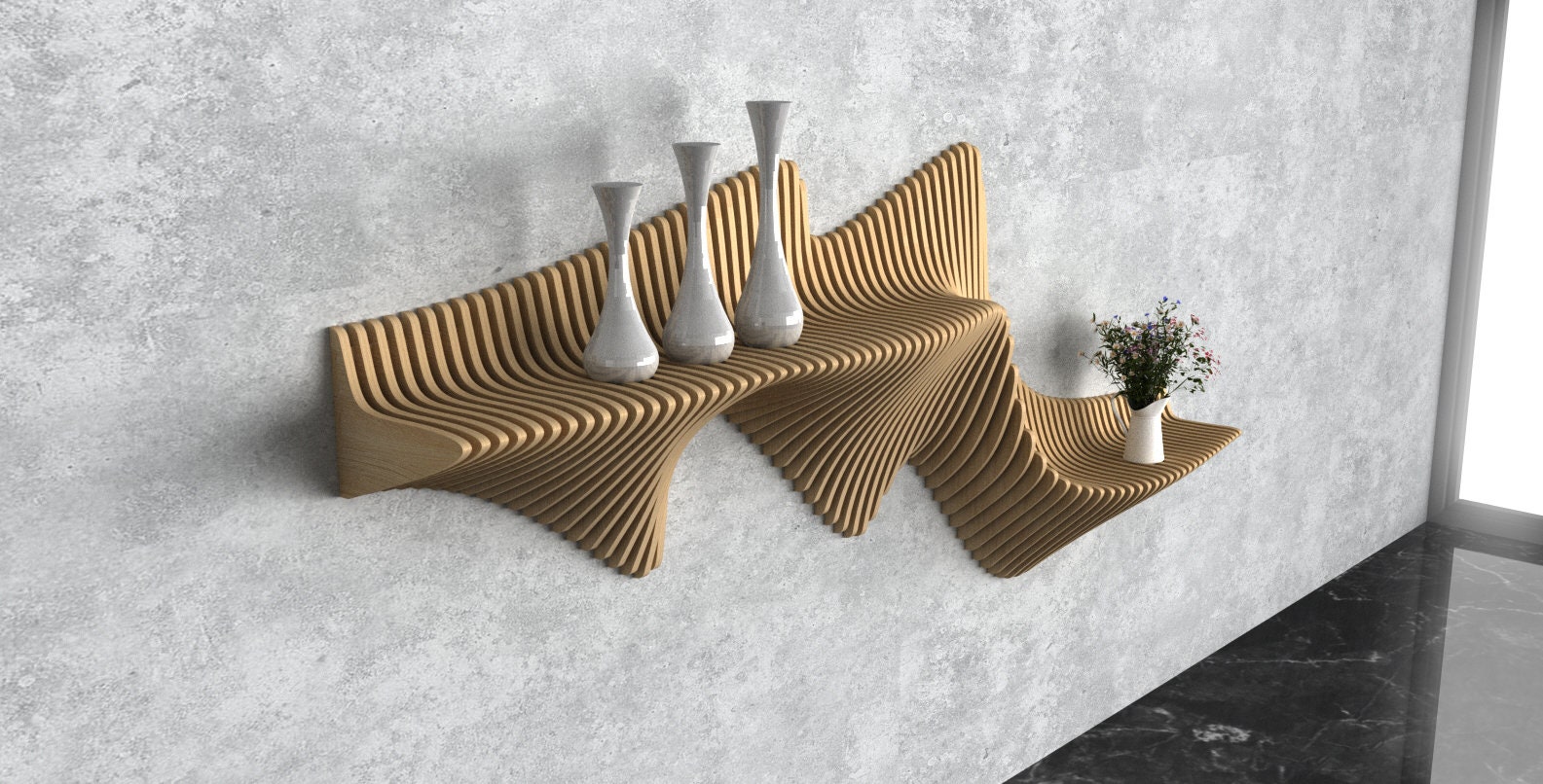 Parametric Wavy Wooden Wall Decor 53 / Shelf Design / Digital files for wood cutting machines
