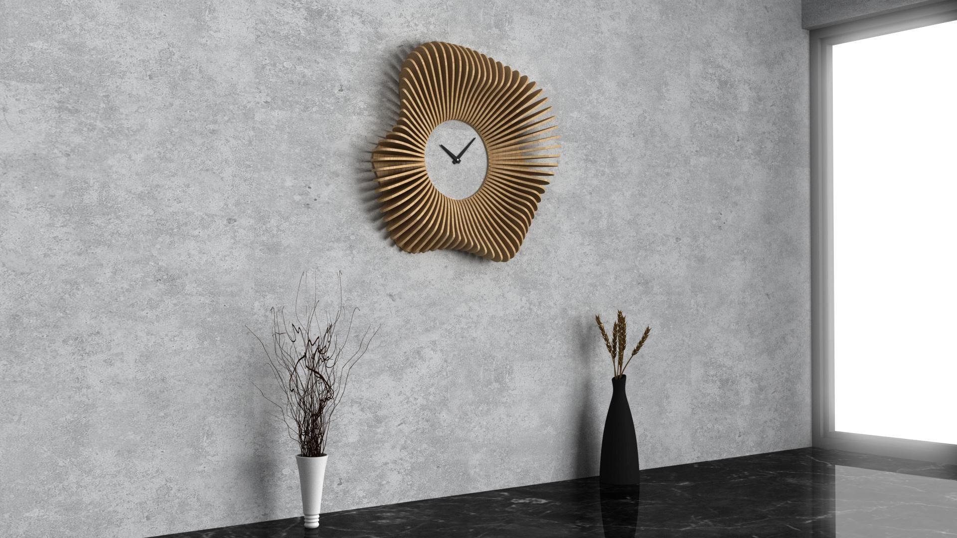 パラメトリックな波型木製壁装飾 64 / 時計デザイン / CNCカッティング