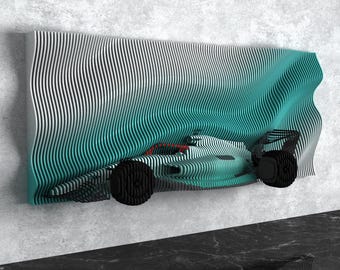 May include: A wall-mounted art piece featuring a teal and white Formula 1 race car emerging from a textured, wave-like background. The artwork has black wheels and a red cockpit, creating a dynamic, three-dimensional effect.