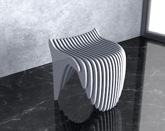 May include: A modern white bench with a unique design. The seat is composed of numerous parallel curved slats. The legs are also curved, creating an open, airy structure. The bench is placed on a black and gray marble floor.