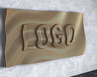 May include: A wooden wall art piece with the word "LOGO" carved into it. The wood is arranged in a wavy pattern, creating a 3D effect.