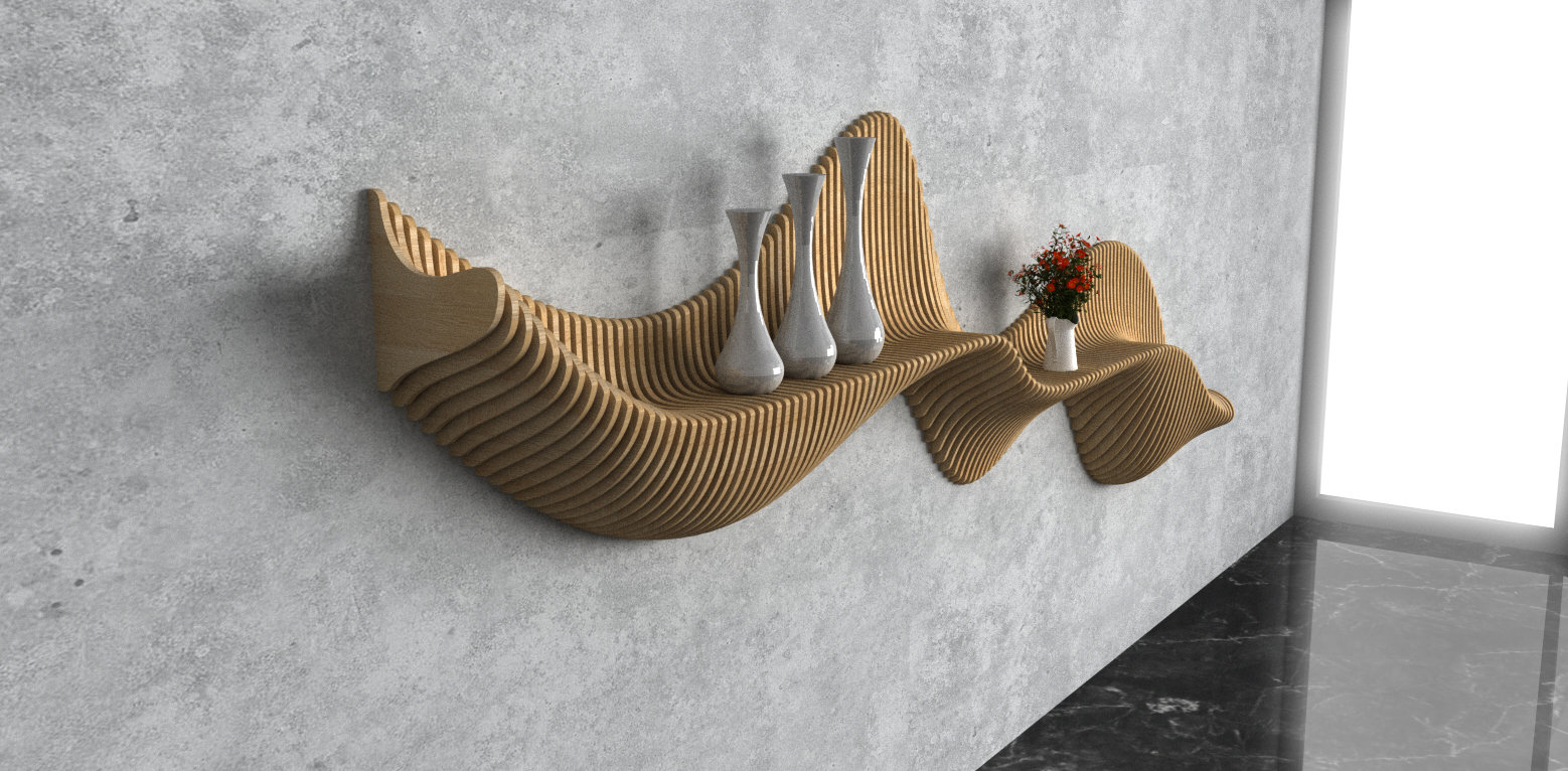 Parametric Wavy Wooden Wall Decor 56 / Shelf Design / Digital