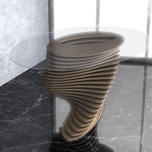 May include: A modern, abstract coffee table with a glass top and a unique, swirling wooden base. The base is made of layered wood and has a natural wood finish.