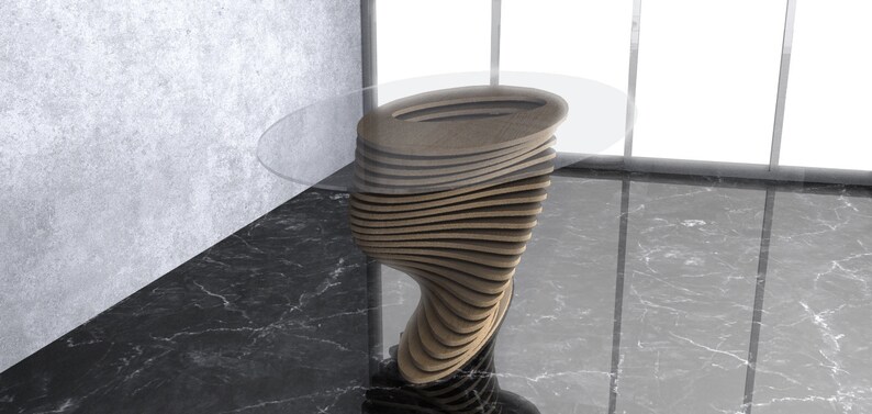 May include: A modern, abstract coffee table with a glass top and a unique, swirling wooden base. The base is made of layered wood and has a natural wood finish.