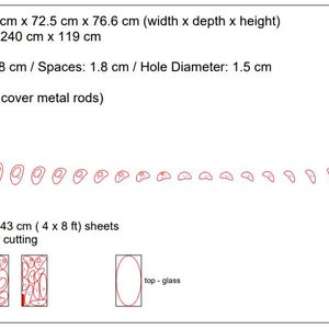 May include: Diagram showing the layout of a wooden frame with 46 rings, each with a 1.5 inch diameter hole. The frame is 144.5 inches wide, 72.5 inches deep, and 76.6 inches high. The diagram also shows the layout of the glass top, which is 240 inches wide and 119 inches high. The text "1-22" is visible in the diagram.