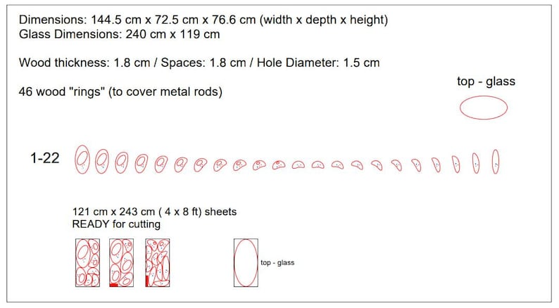 May include: Diagram showing the layout of a wooden frame with 46 rings, each with a 1.5 inch diameter hole. The frame is 144.5 inches wide, 72.5 inches deep, and 76.6 inches high. The diagram also shows the layout of the glass top, which is 240 inches wide and 119 inches high. The text "1-22" is visible in the diagram.