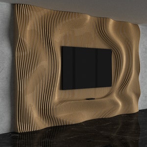 Peut inclure: Un salon moderne avec un téléviseur à écran plat monté sur un mur avec un design unique de panneau en bois. Le mur est de couleur brun clair et le téléviseur est noir. Le sol est noir et brillant.