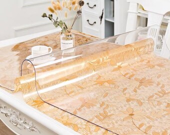 Made Jenylinen Beautiful Crystal Clear Table Cover with Golden Lace Border in 60 Inch Round Size PVC Tablecloth Protector Made Jenylinen Beautiful Crystal Clear Table Cover with Golden Lace Border in 60 Inch Round Size PVC Tablecloth Protector