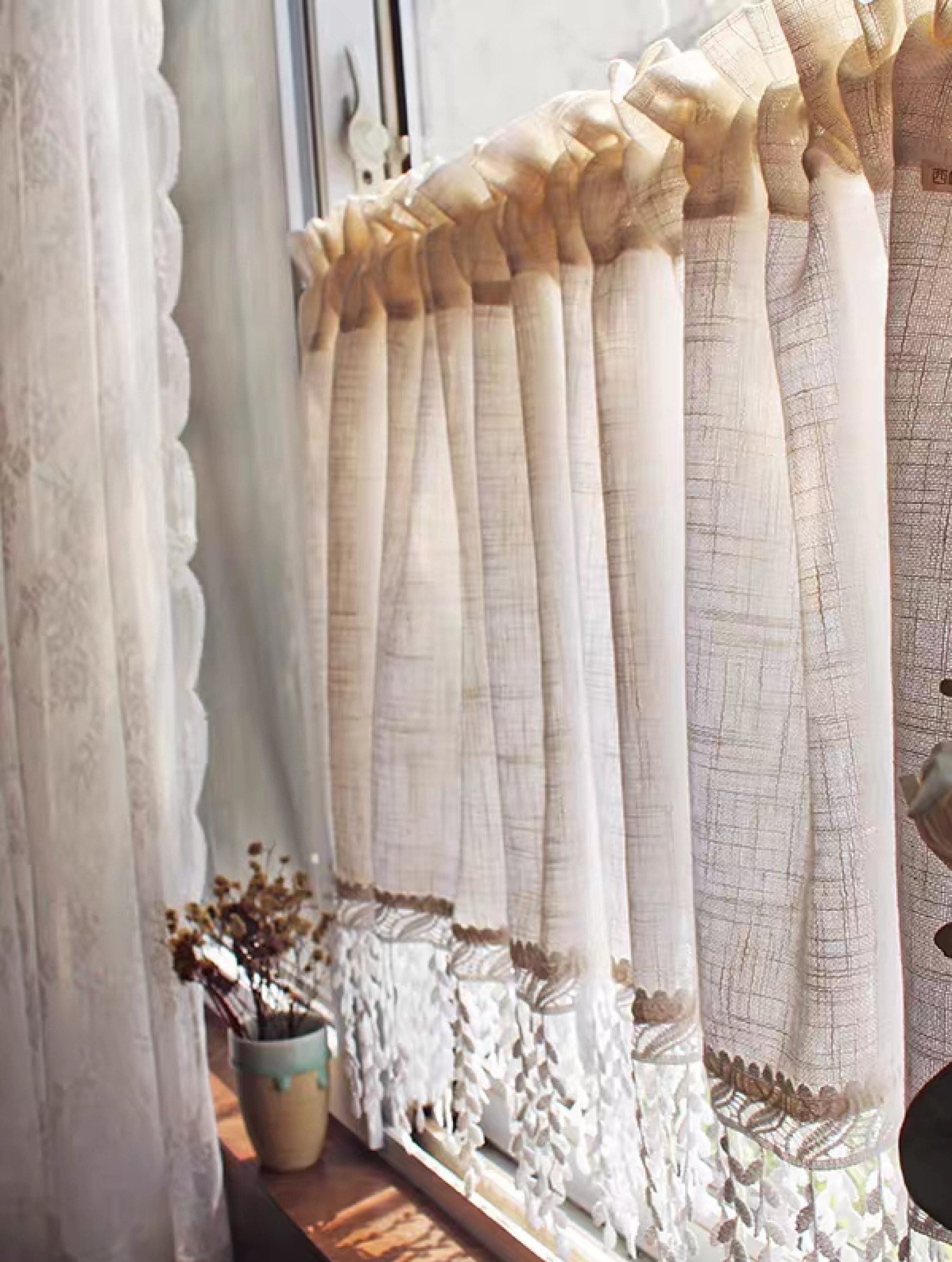 White Linen Cafe Curtain Voile Lace Cafe Curtain Lace Shee Etsy