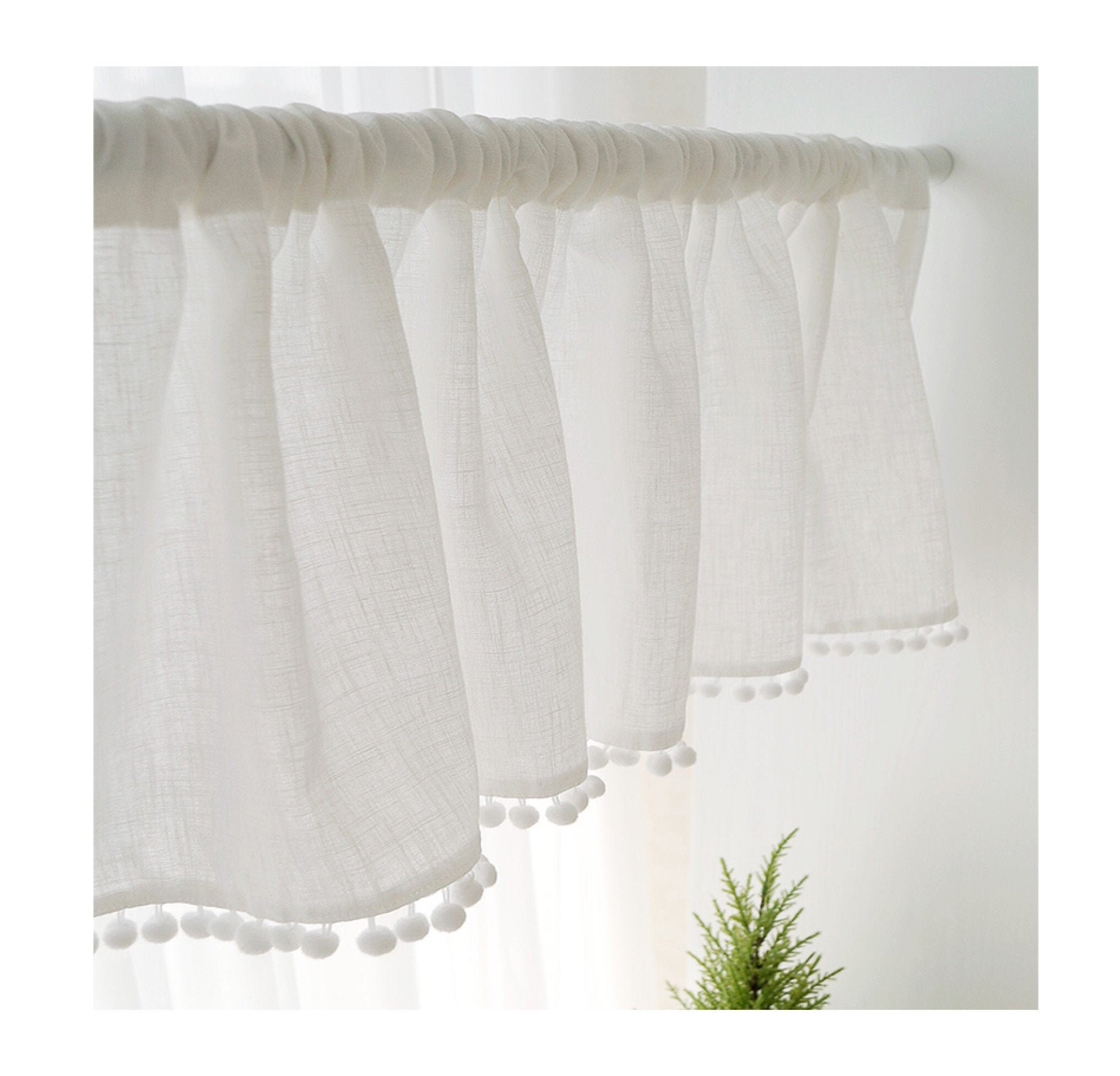 White Linen Sheer Cafe Curtain Pom Pom Cafe Curtain Voile Lace Etsy UK