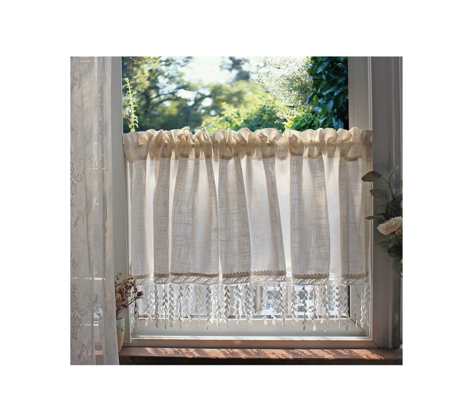 White Linen Cafe Curtain Voile Lace Cafe Curtain Lace Shee Etsy