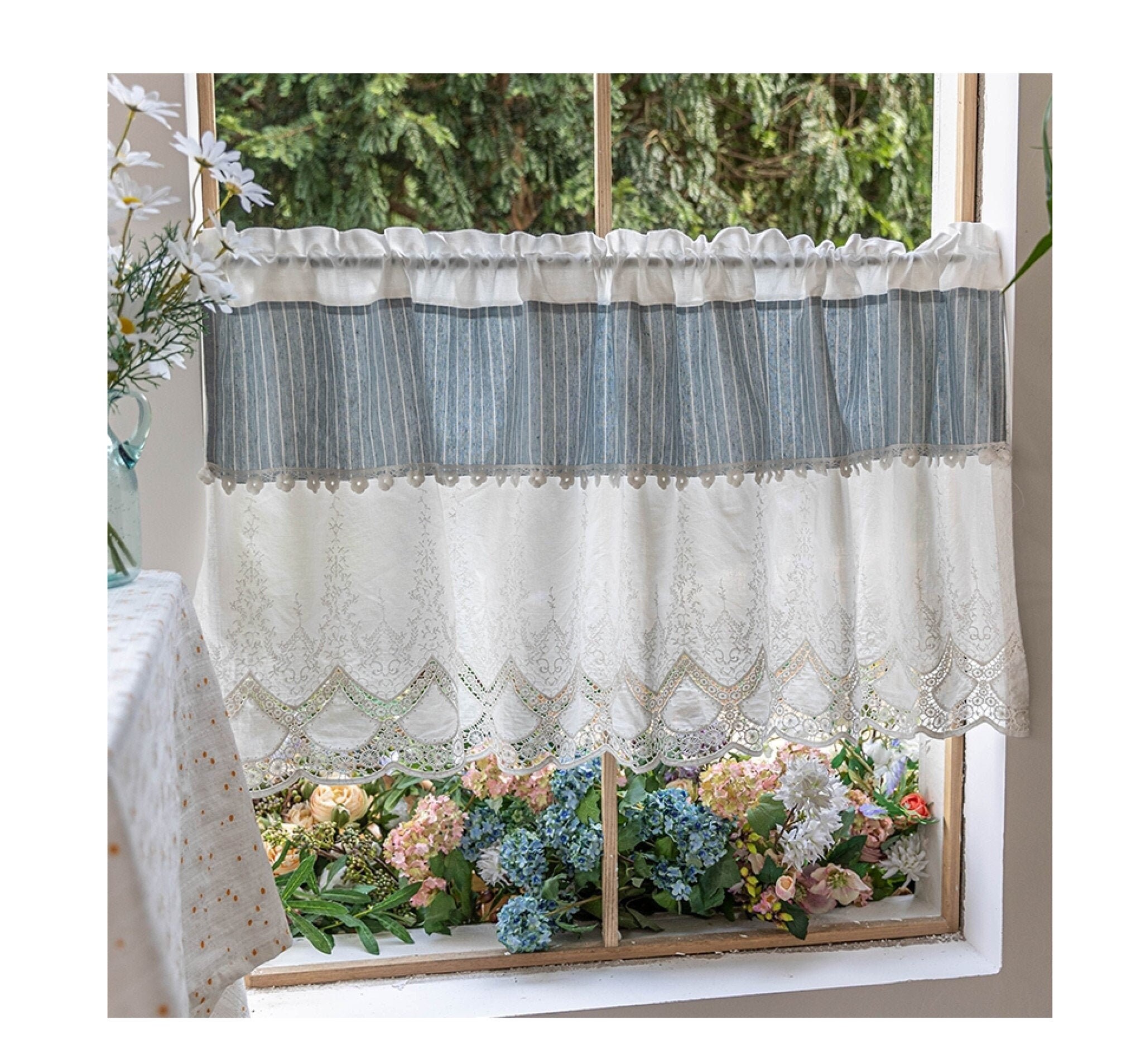 Cotton Cafe Curtainblue Striped Cafe Curtainwhite Lace Etsy