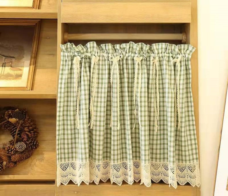 Cotton Cafe Curtaingreen Plaid Lace Cafe Curtainvalance Etsy