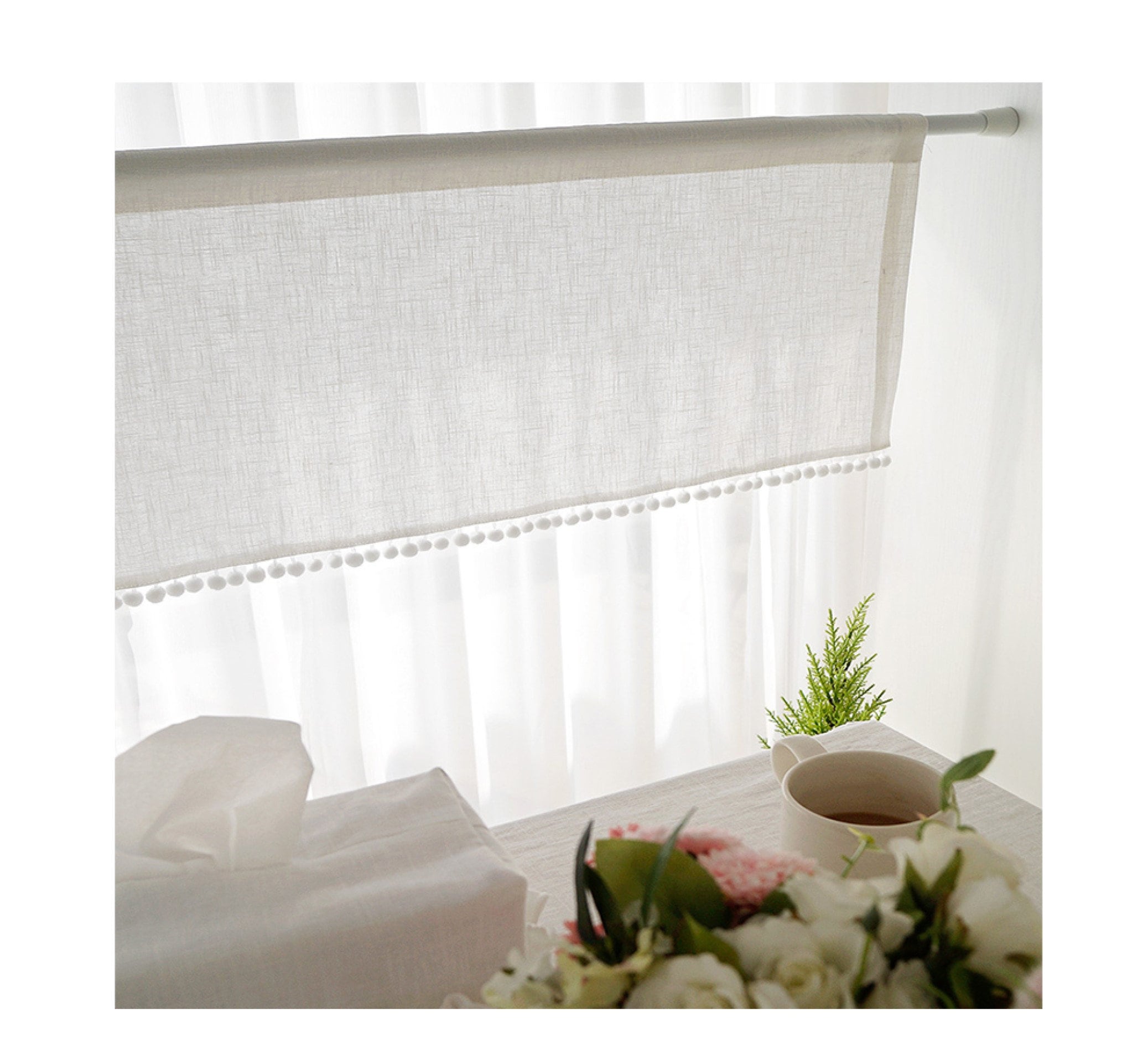 White Linen Sheer Cafe Curtain Pom Pom Cafe Curtain Voile Lace Etsy UK