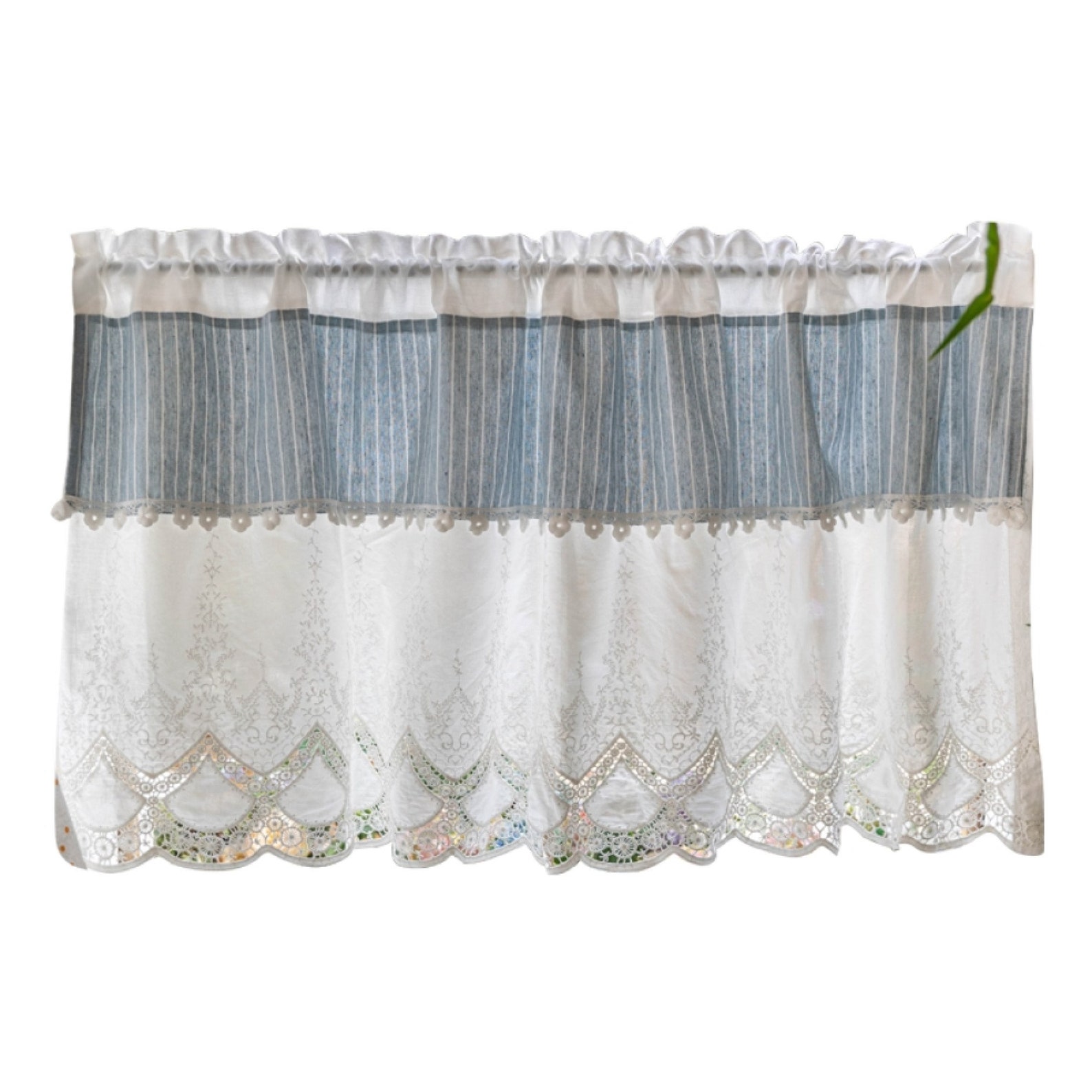 Blue Stripe White Lace Cafe Curtain Cafe Curtain Voile Lace Etsy