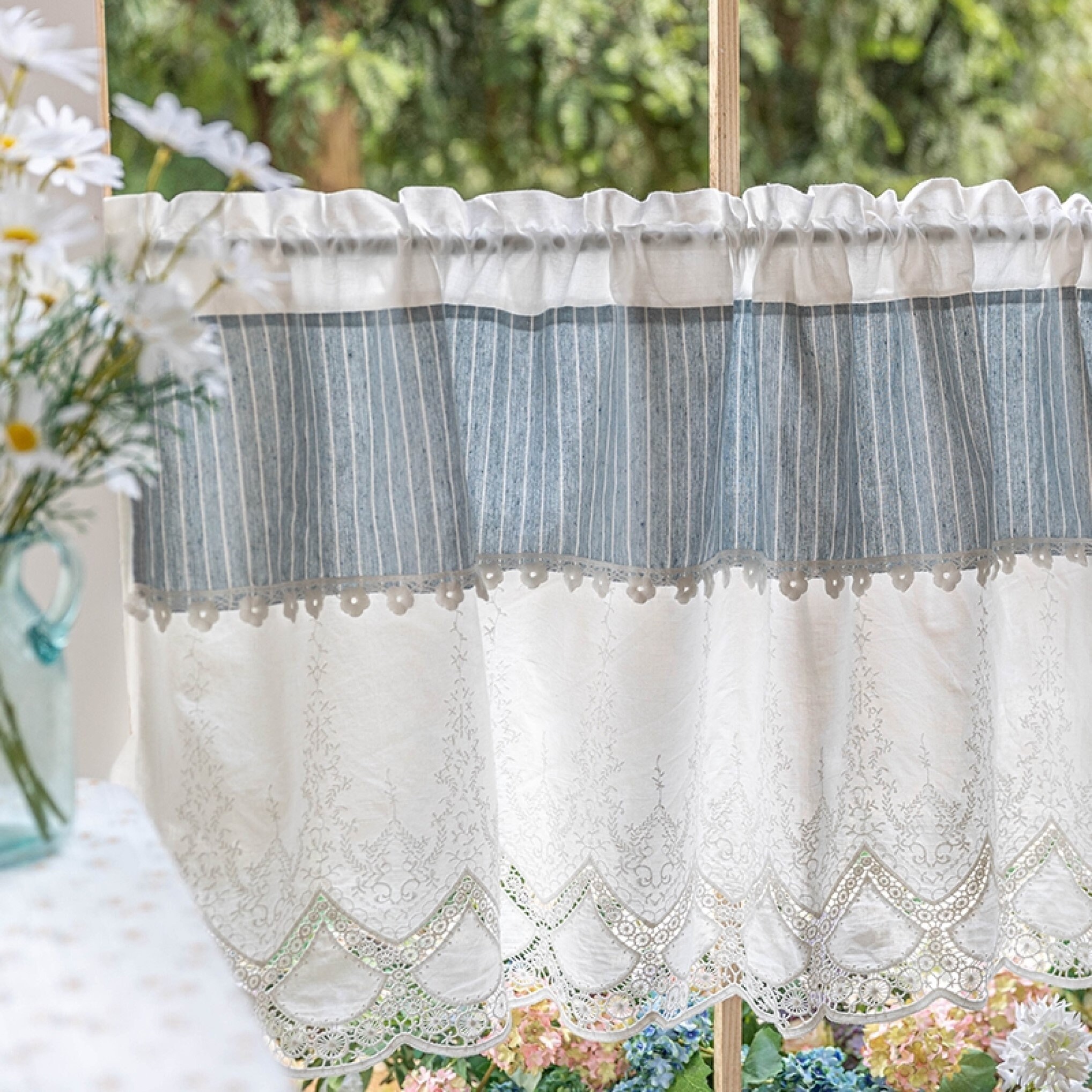 Cotton Cafe Curtainblue Striped Cafe Curtainwhite Lace Etsy