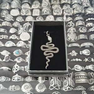 Op de afbeelding: Een zilverkleurige slangen hanger met een textuur van schubben, voorzien van een kronkelend lichaam en een klein lusje aan de bovenkant voor bevestiging, gepresenteerd in een rechthoekig zwart juwelendoosje met zwarte fluwelen voering tegen een achtergrond van ringen.