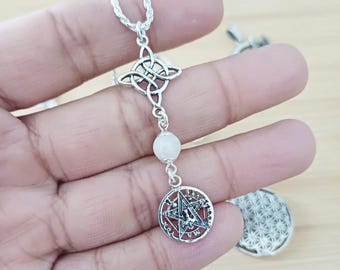 Witches' Knot, Pentacle and Moonstone Pendant made of 925 Sterling Silver