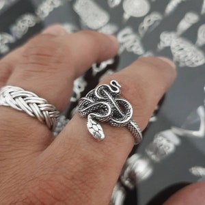 Può includere: Un anello d'argento con un designo di serpente dettagliato. Il serpente è avvolto e la sua testa è sollevata, con la bocca aperta. L'anello è indossato su un dito.