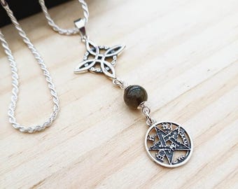 Triple Protection Pendant: Witch's Knot + Tetragrammaton + Tourmaline made of 925 sterling silver
