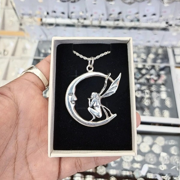 Pendentif Fée et Muna en argent sterling 925 / Pendentif fée et lune en argent sterling