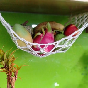 May include: A white string hammock filled with various fruits, including a green mango, a red dragon fruit, a green guava, and a yellow banana. The hammock is hanging from a wooden shelf against a green background.