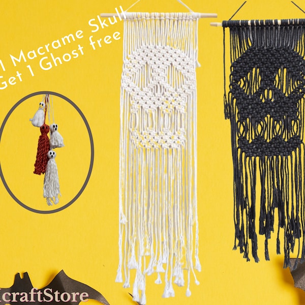 Macrame Skull wall hanging, Skull wall art, Skull decor, Halloween party, Macrame Halloween home decor. Bonus mini Ghost.