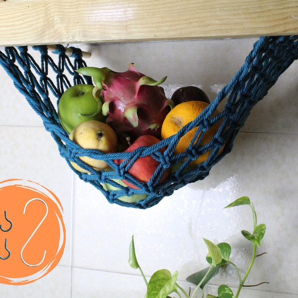 Fruit Veggie Hammock Under Cabinet | Hanging fruit Basket | Boho Handmade Hammock | Kitchen Storage | Bonus 4 Screw-in Hooks And 1 S Hook