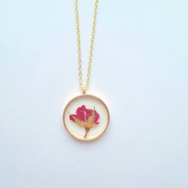 Real Pressed Rosebud Necklace, Flower Pendant, Pressed Flower Necklace, Valentines Gift