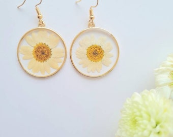 Real Daisy Earrings, Bohemian Earrings, Daisies, Real Flowers, Gold, Birthday, Gift for her