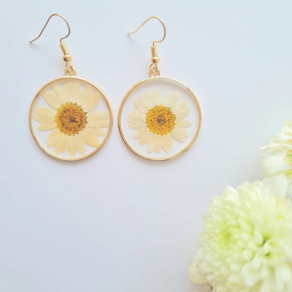 Real Daisy Earrings, Bohemian Earrings, Daisies, Real Flowers, Gold, Birthday, Gift for her