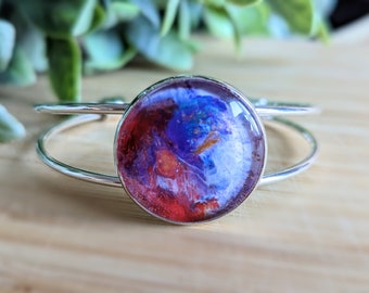 Colourful Cuff Bracelet, Red, Blue, Purple, White & Gold Painted, Fluid Art, Acrylic Pouring, Wearable Art, Birthday Gift, Mother's Day, UK