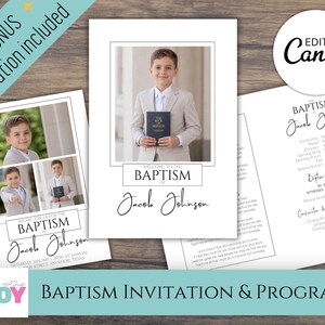 May include: A baptism invitation and program set. The invitation features a photo of a young person holding a book, with text that reads "Welcome to the Baptism of Jacob Johnson." The program includes space for event details.